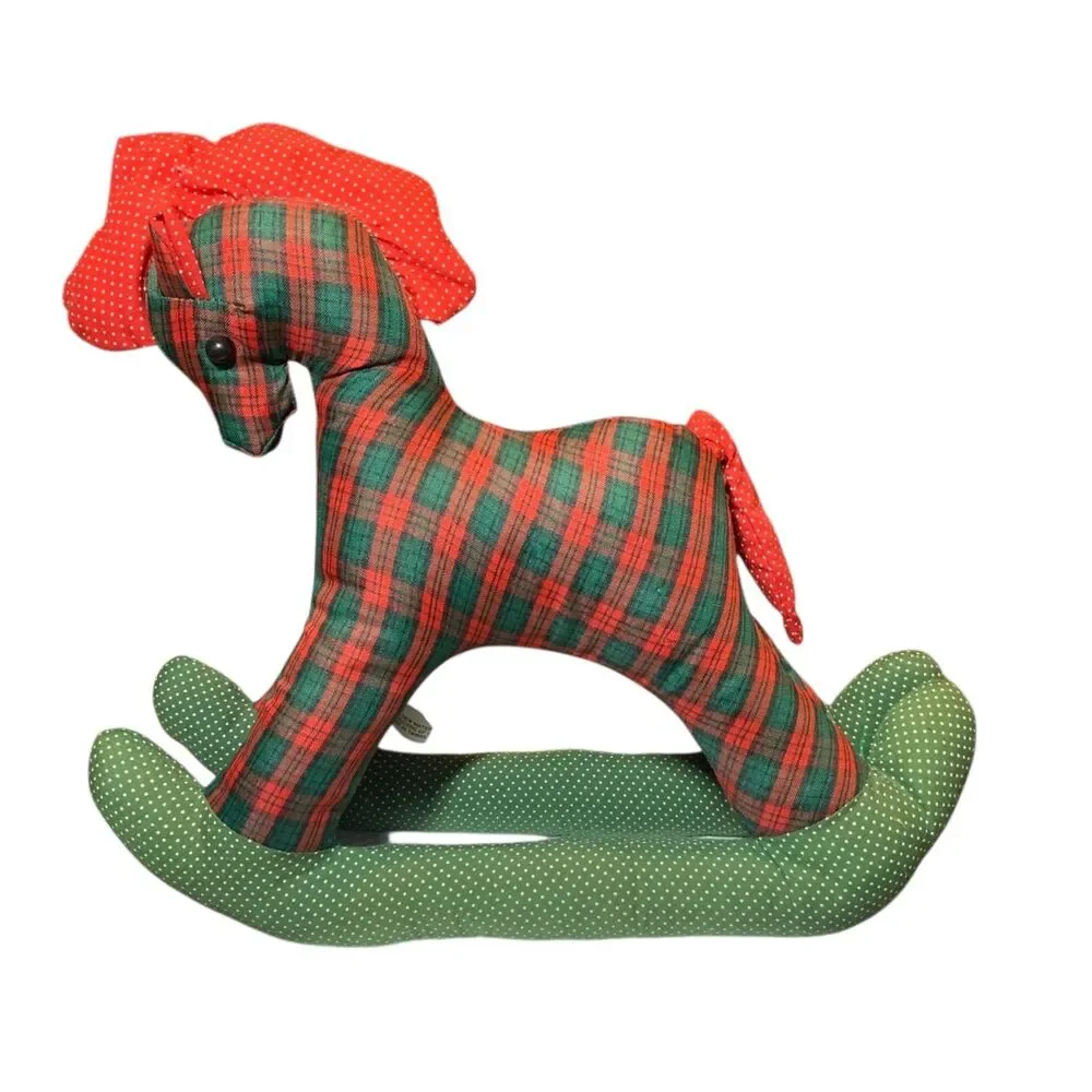 Vintage Handmade Red Green Plaid Rocking Horse Plush Christmas Holiday Stuffed